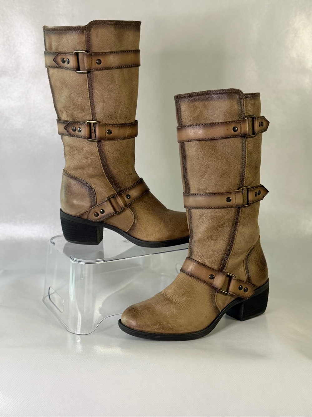 Nurture Dorado Leather Buckle Moto Boots Tan Size 6 $80